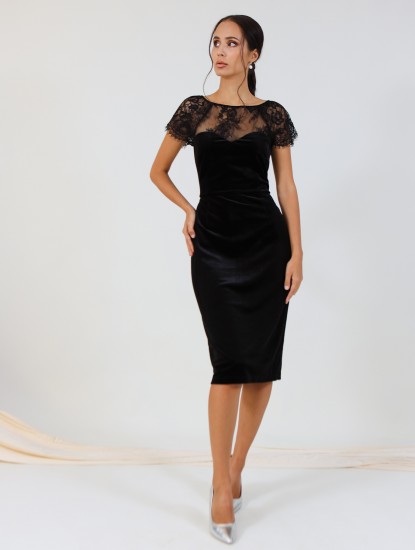 Бархатное коктейльное платье с кружевом (Черный)