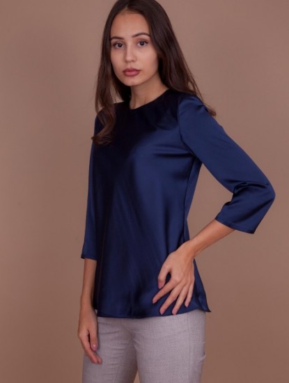 Шелковая блузка на подкладке черно-синяя